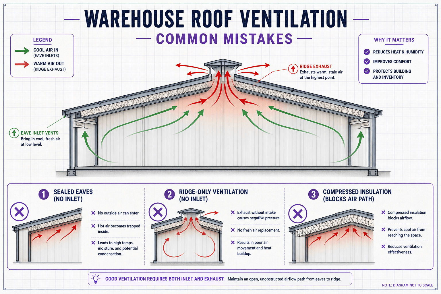 Infographic cross-section of warehouse roof ventilation showing eave inlet airflow, ridge exhaust, and common mistakes like sealed eaves and blocked insulation.