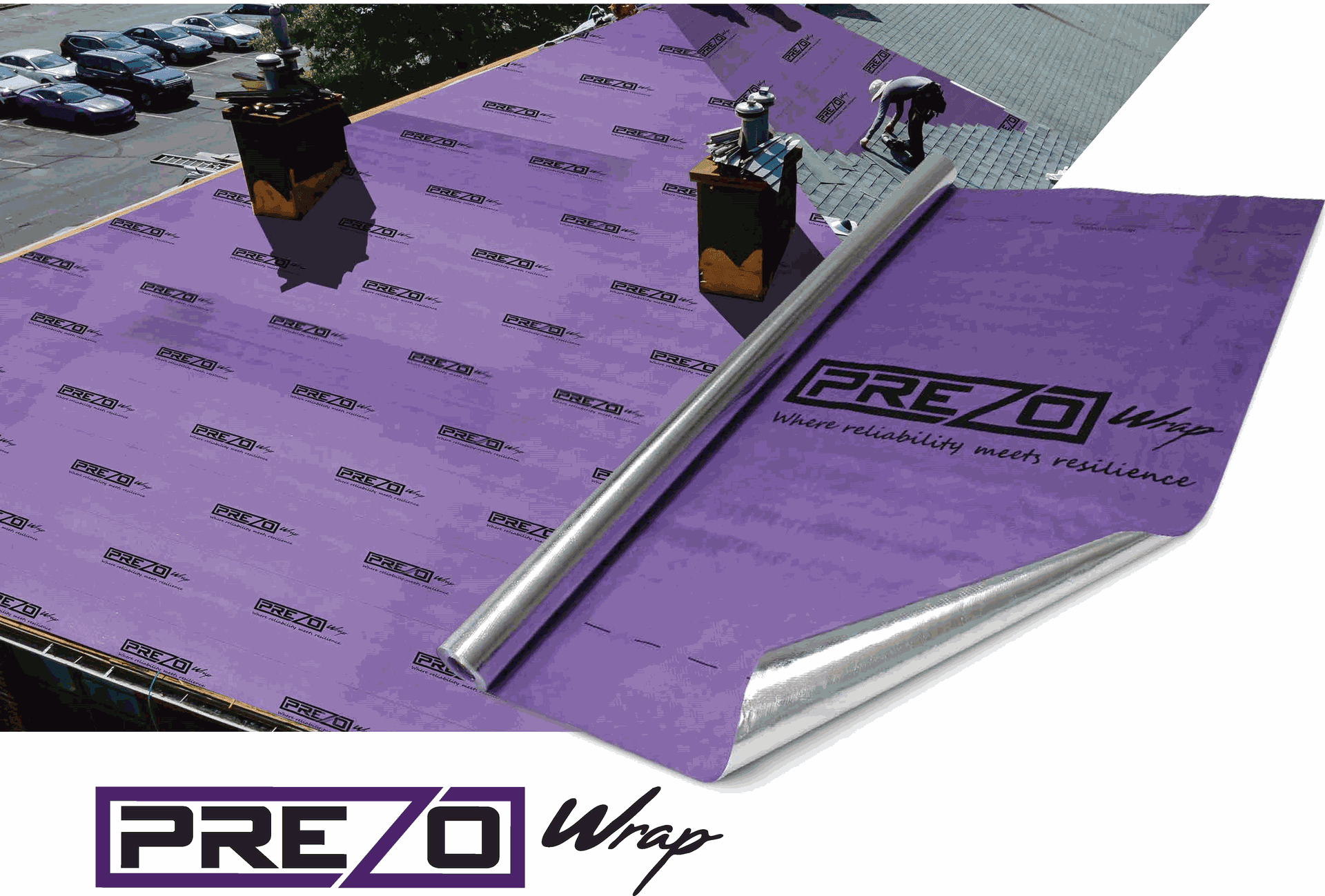 PREZO Wrap reflective sarking roll unrolled on a commercial metal roof, with the PREZO Wrap logo